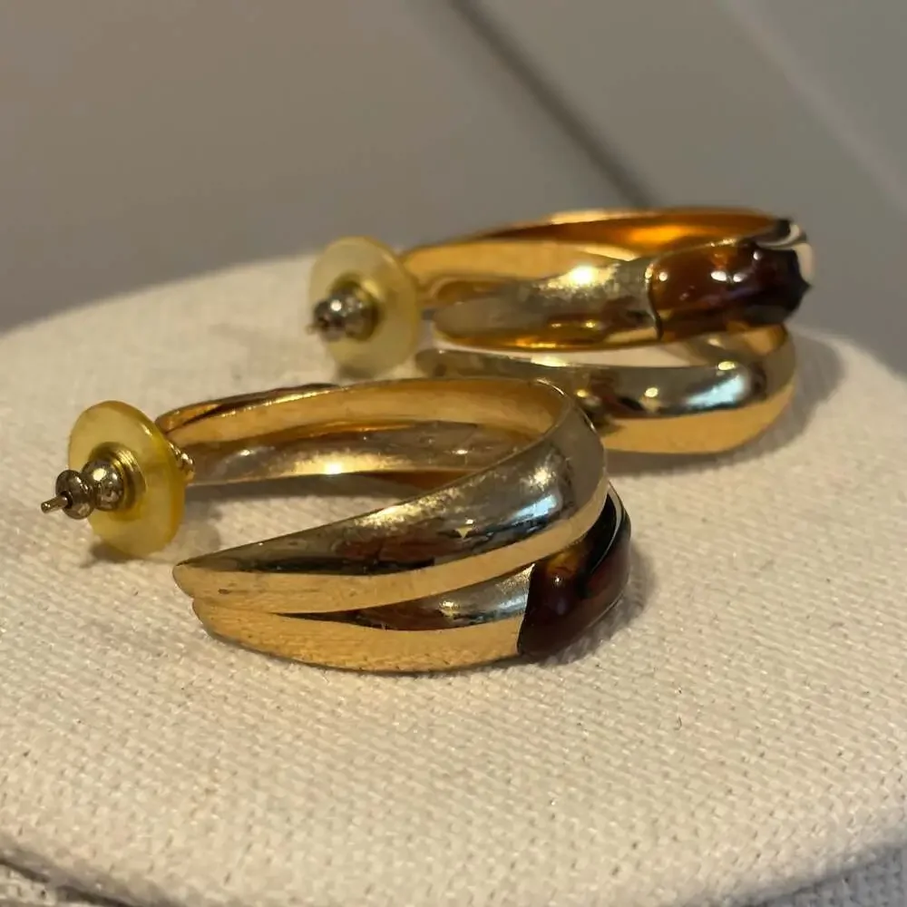 Vintage Gold Tone Earthy Colored Enamel Double Loop Half Hoop Pierced Earrings